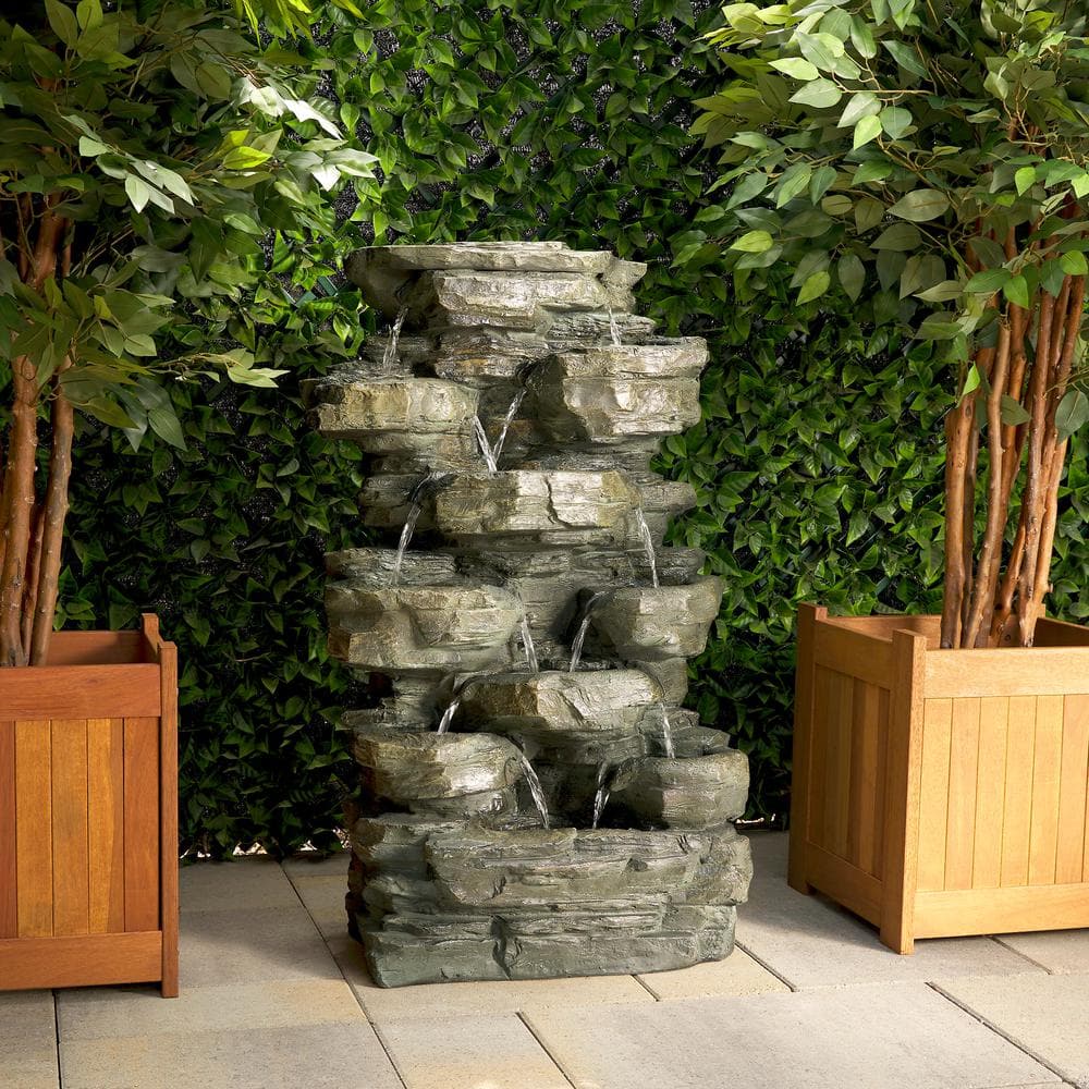 Alpine Corporation 39 in. Tall Outdoor Multi-Tier Rock Water Fountain with LED Lights WIN930