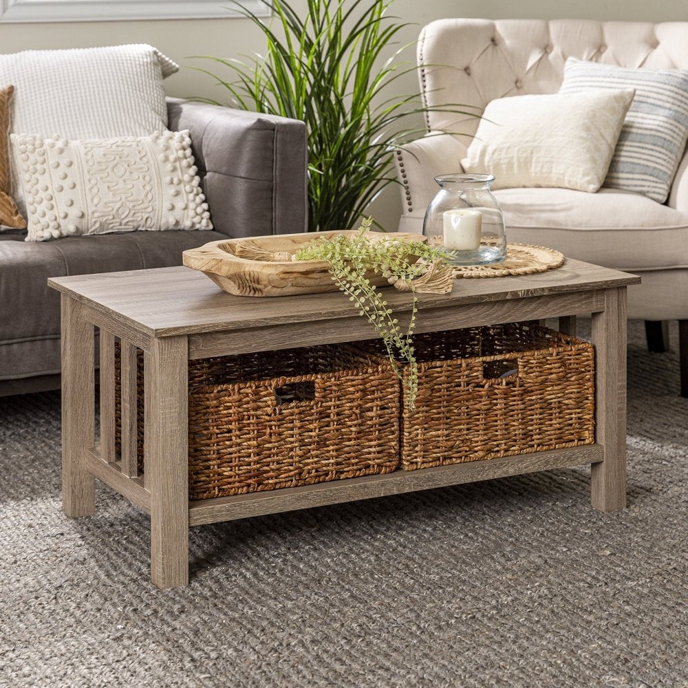 Traditional Storage Coffee Table with Bins， Driftwood