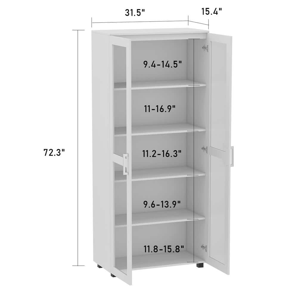 FUFUGAGA 72 in. H White Wood 5-Shelf Standard Bookcase Bookshelf Cabinet with 2-Door KF200050-01-ddd