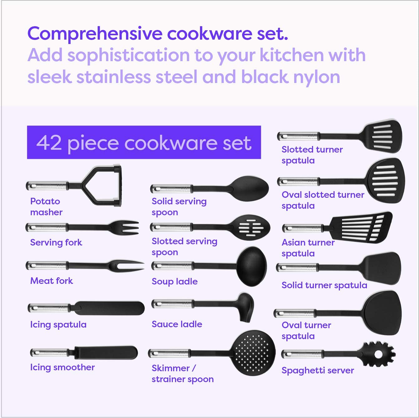 Klee Deluxe 42-Piece Heat-Resistant Stainless Steel and Nylon Kitchen Utensil Set, (Black)