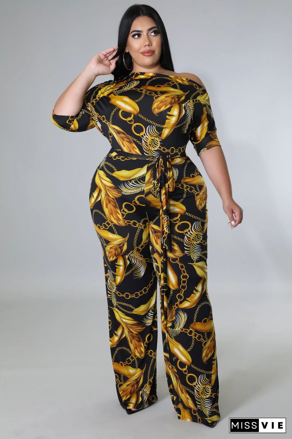 Off-the-shoulder Printed Plus Size Wide Leg Jumpsuit