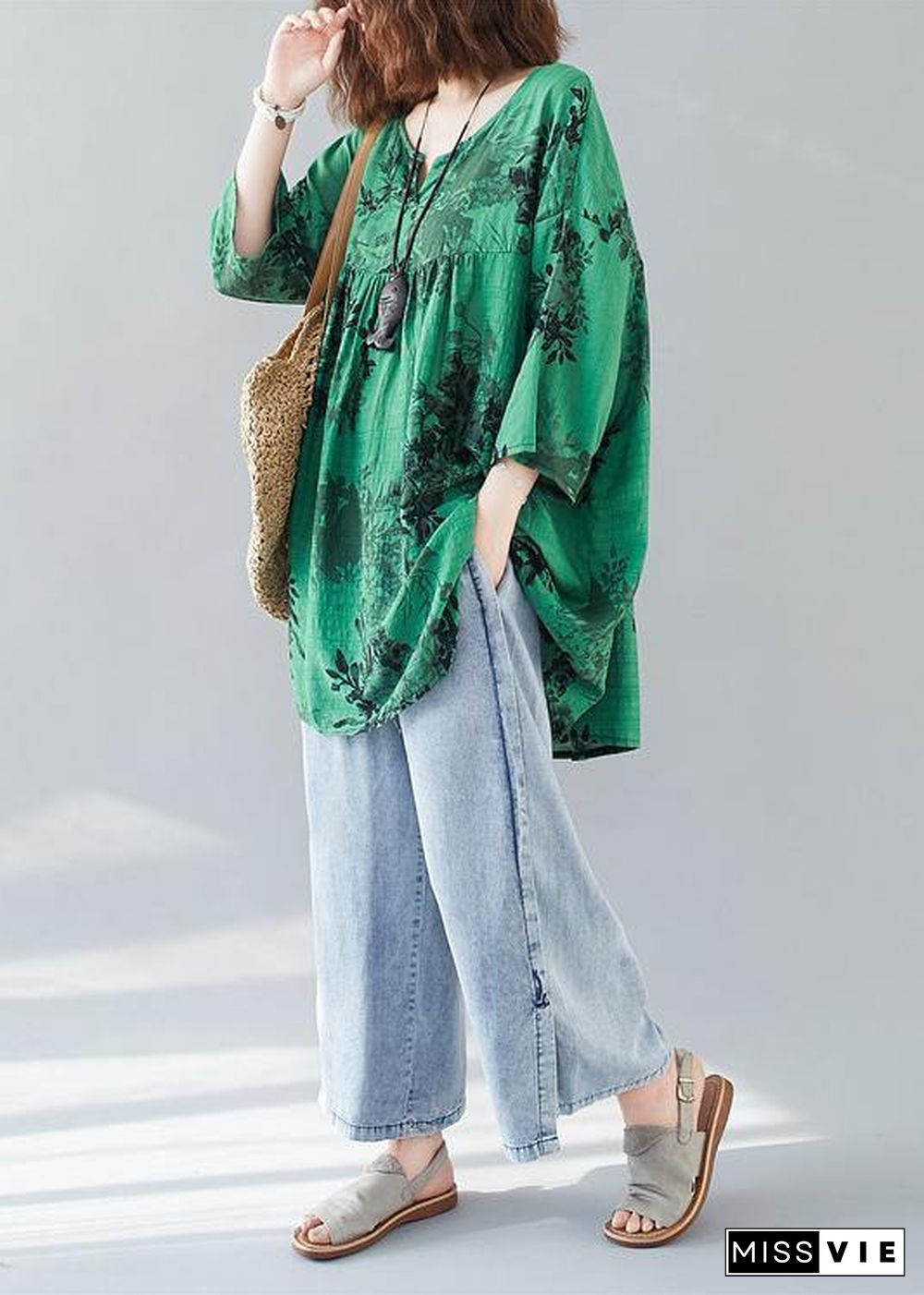 Organic loose cotton linen summerclothes green prints v neck loose blouse