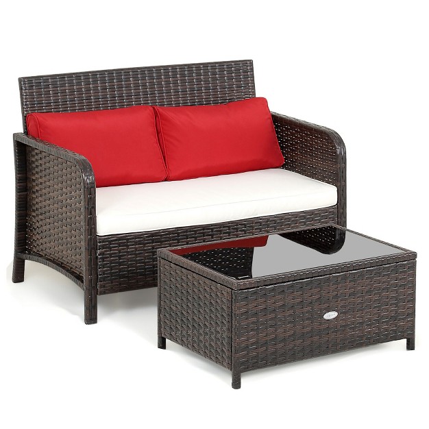 Tangkula 2pcs Patio Pe Wicker Rattan Loveseat Sofa Set W Coffee Table amp Cushions