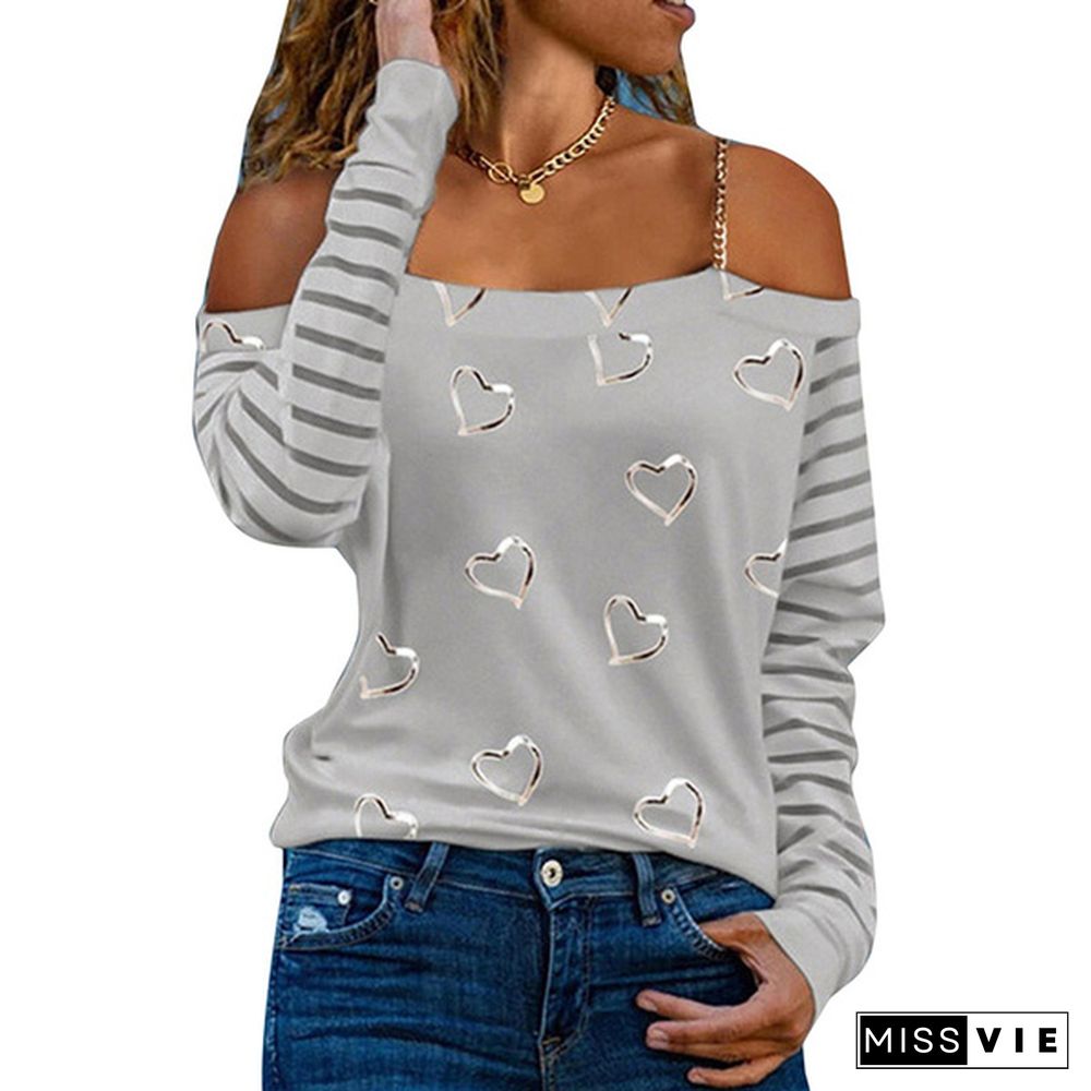 Spring and Early Autumn New Fashion Women's Love Printed Long Sleeve Casual Plus Size Strapless Halter Top Loose Soft and Comfortable Autumn and Winter Bottoming Shirt