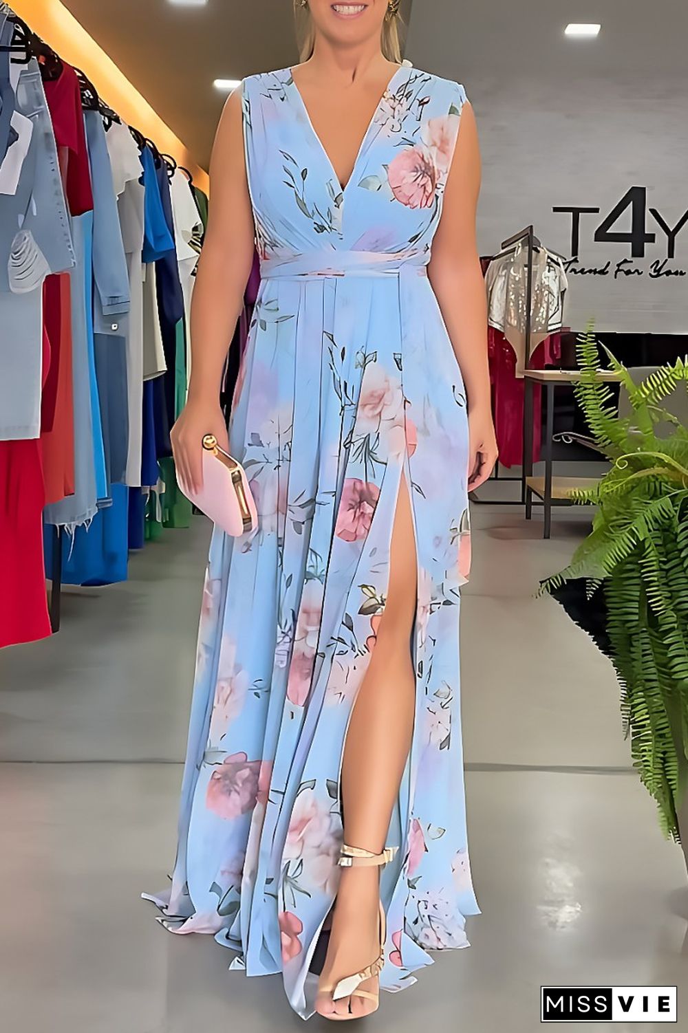 Light Blue Casual Print Patchwork Slit V Neck Long Dress Dresses