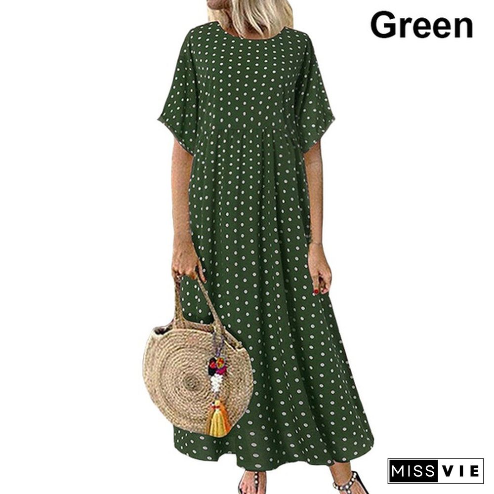 Women Summer Retro Polka Dot Printed Long Dress Casual Loose O-neck Short Sleeve Tunic Dress Maxi Dress Vestidos S-5XL