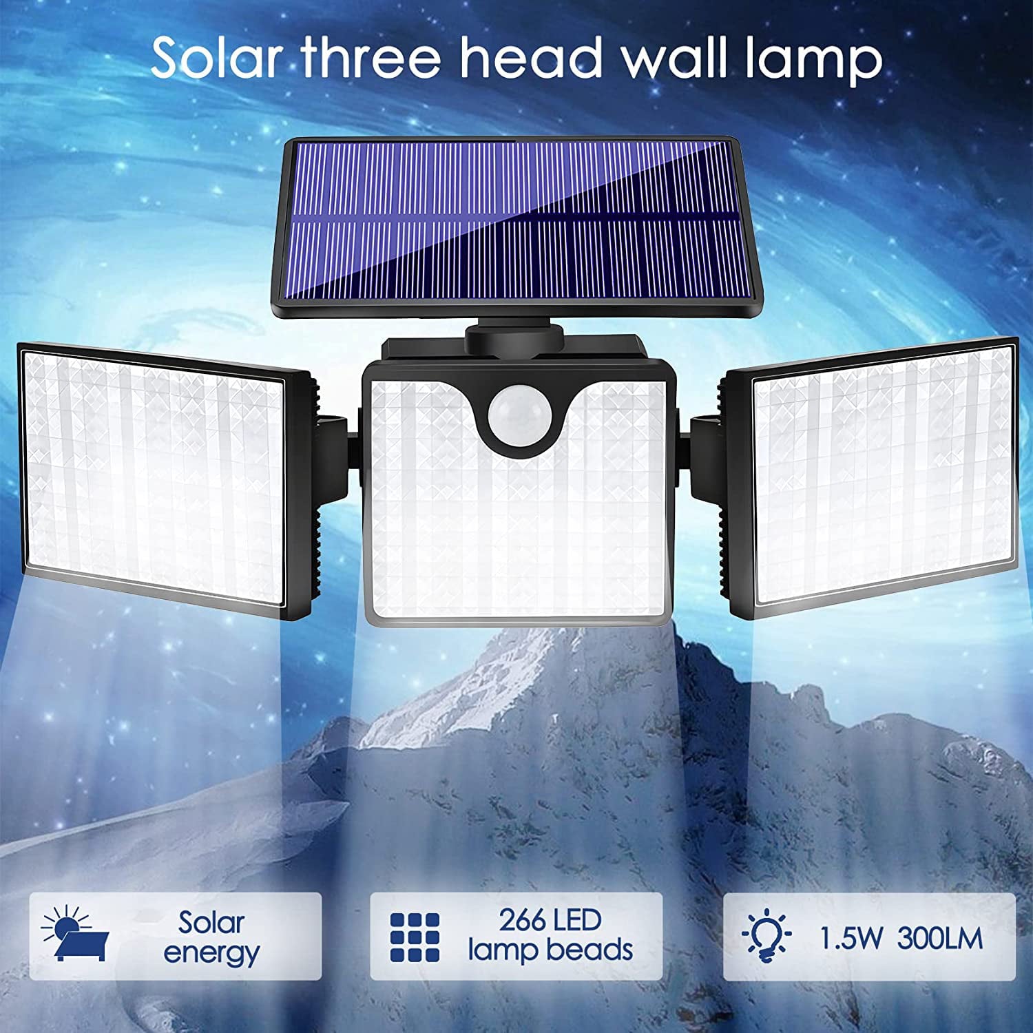 Ucgg Solar Light Outdoor， 1050Lm 299 LED Solar Flood Lights Adjustable 3 Head 270° Lighting with Motion Sensor， IP65 Waterproof for Porch Yard Exterior Wall -1Pack