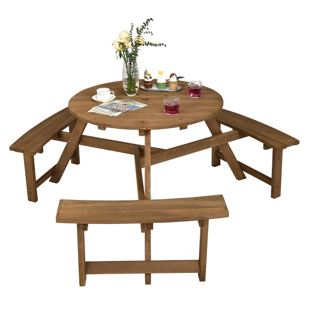 Costway 6 person Round Wooden Picnic Table Outdoor Table W Umbrella Hole amp Benches