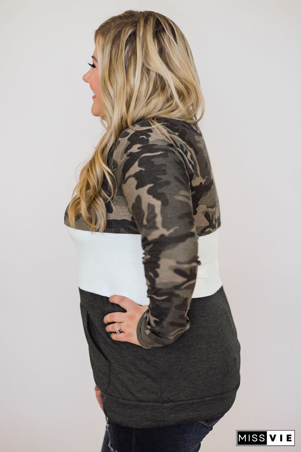 Plus Size Camo Color Block Pullover Top