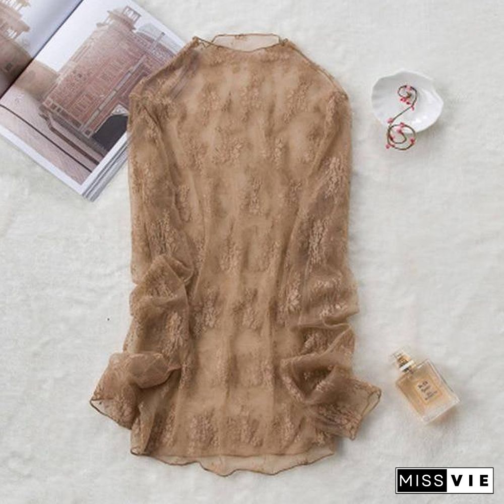 New Transparent Korean Loose Women Lace Blouse 3 Colors Female Bottoming Blouses Plus Size Cheaper Tops