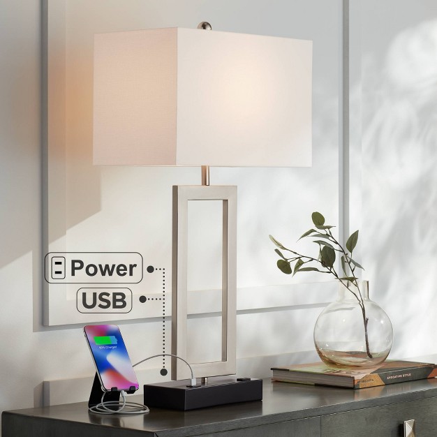 Tall Steel Open Rectangle With Usb And Ac Power Outlet In Base White Shade For Bedroom Living Room Bedside