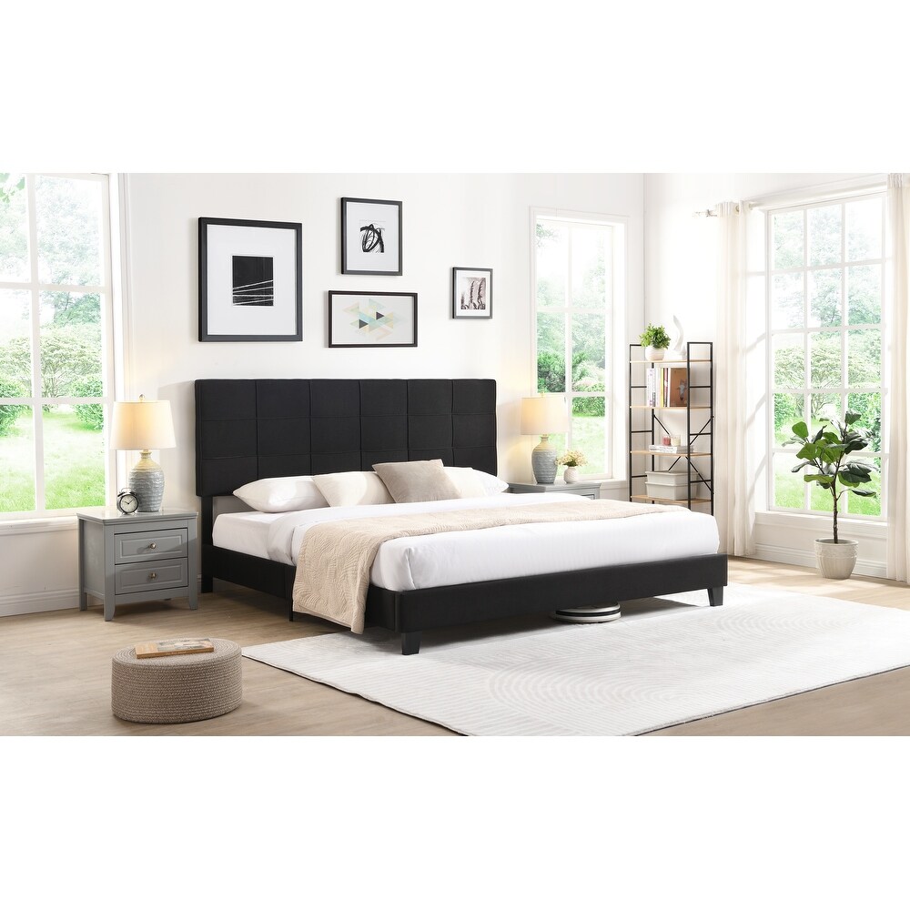 King Size Upholstered Platform Bed Frame with Linen Fabric Headboard