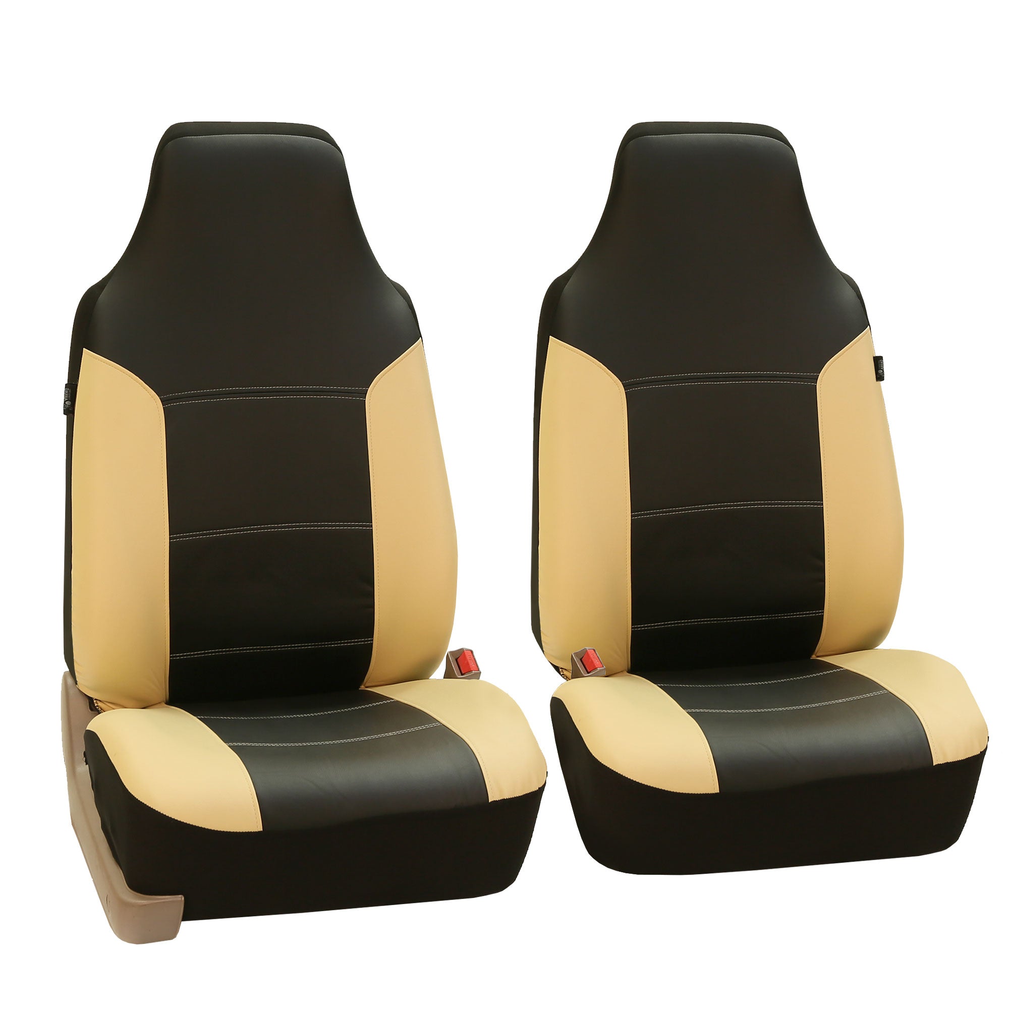 FH Group PU Leather Highback Royal PU Leather Seat Covers， Full Set with Carpet Floor Mats， Tan Black