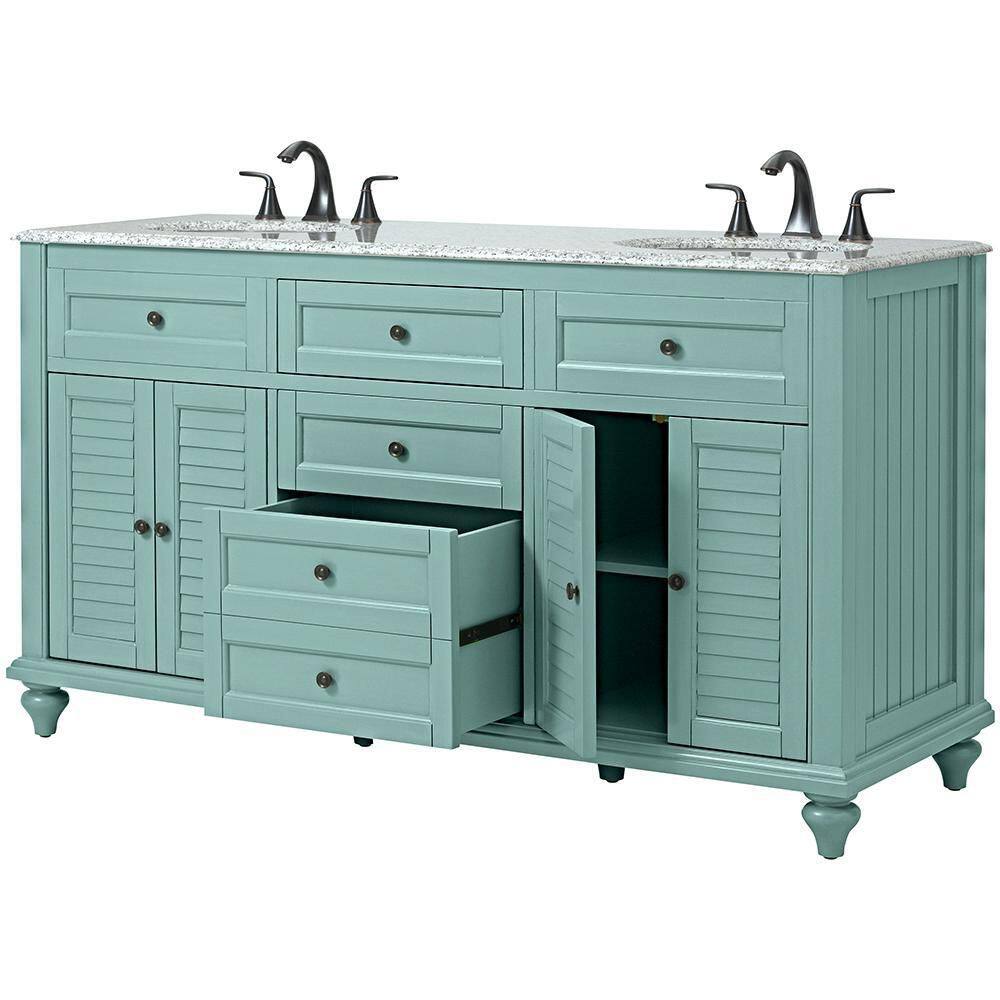 Home Decorators Collection Hamilton Shutter 61 in. W x 22 in. D Double Bath Vanity in Sea Glass with Granite Vanity Top in Gray with White Sink 10806-VS61H-SG