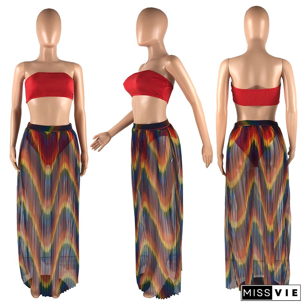 Sexy Off The Shoulder Wrap Chest Crop Top+Underpants+Rainbow Ruched Maxi Skirts Summer Bohemian 3 Piece Set