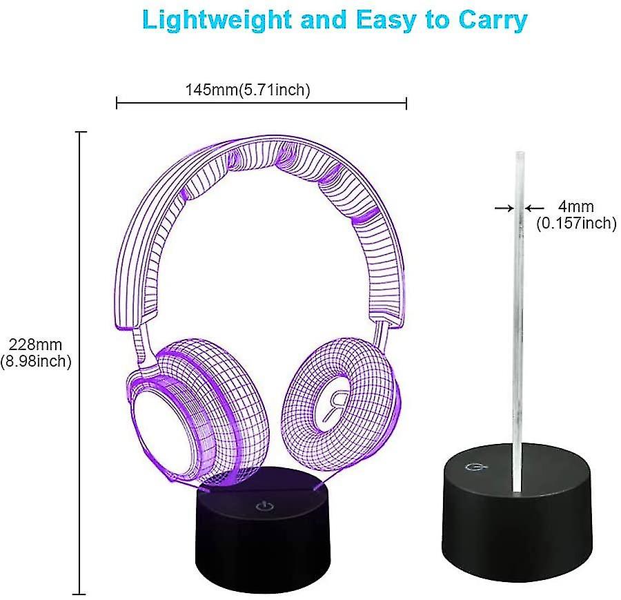 3d Night Light， Headphone 3d Optical Illusion Desk Lamp With 16 Colors Changing， Touch Switch and 24 Keys Remote Control， Usb Charging， For Kids Bedroom