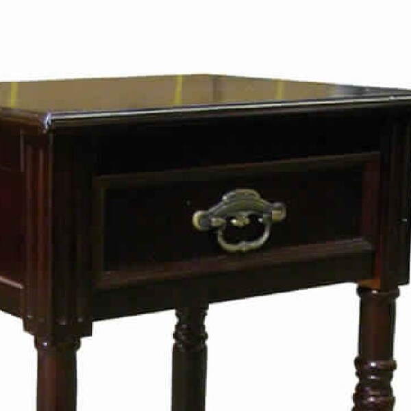 Square Shaped End Table with Turned Tapered Legs and 1 Drawer， Cherry Brown