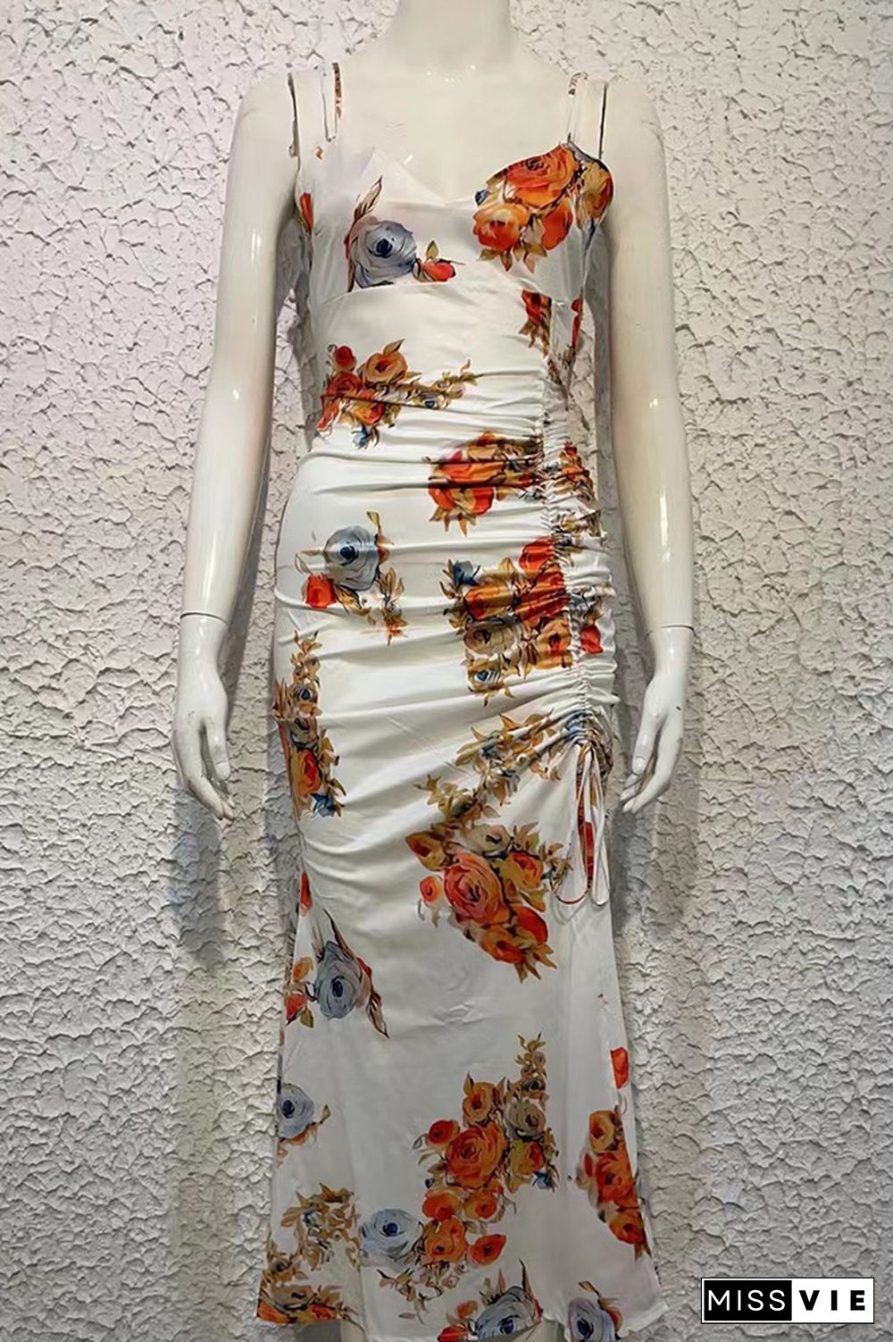 White Floral V Neck Side Ruched Backless Cami Dress