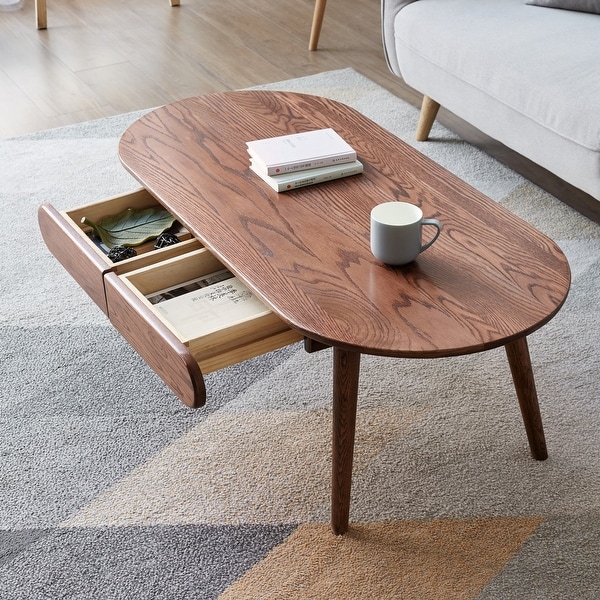 Capsule Centre Solid Oak Table with Drawers， Solid Wood Coffee Table Easy to Assemble Natural for Living room