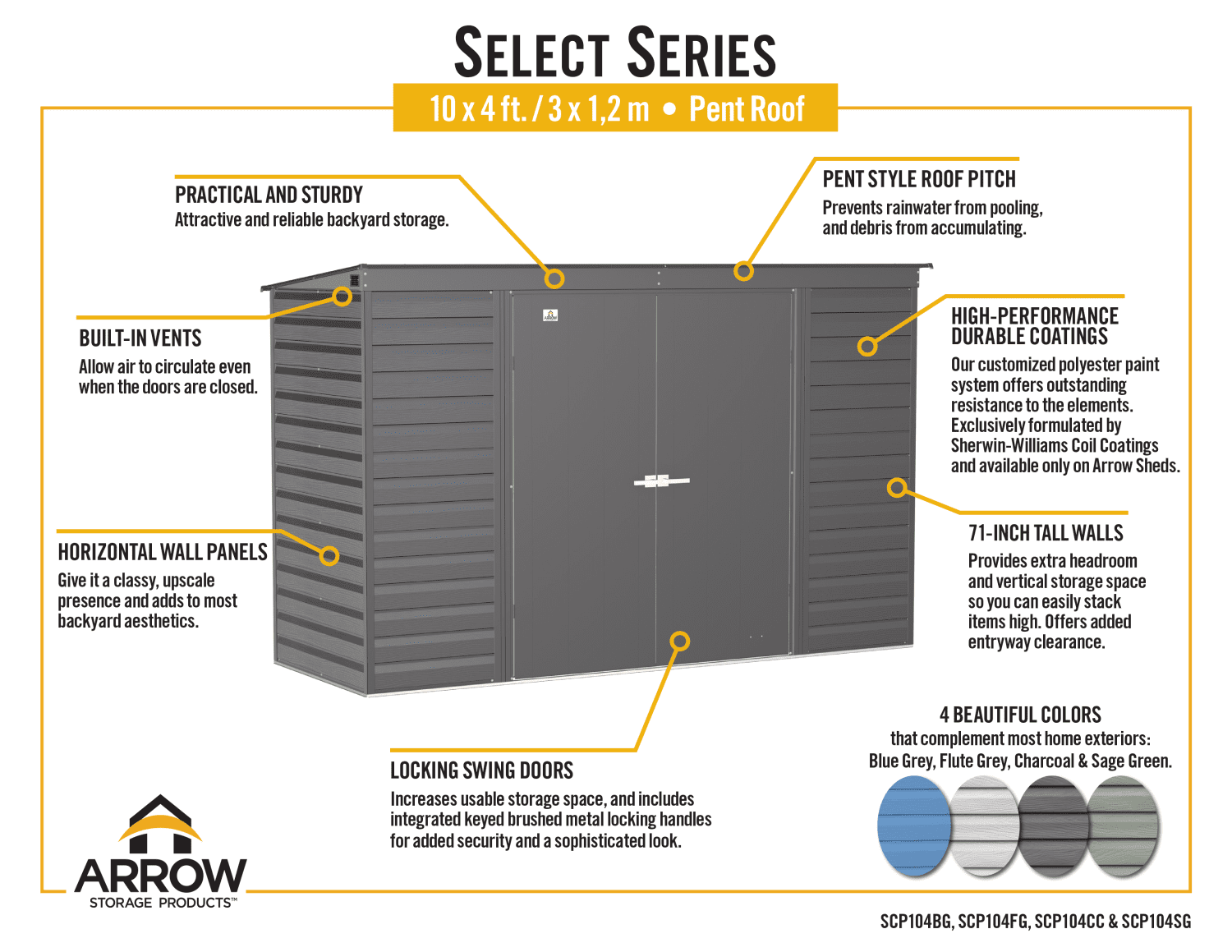 Arrow Select Steel Storage Shed, 10x4 ft, Pent Roof, Charcoal