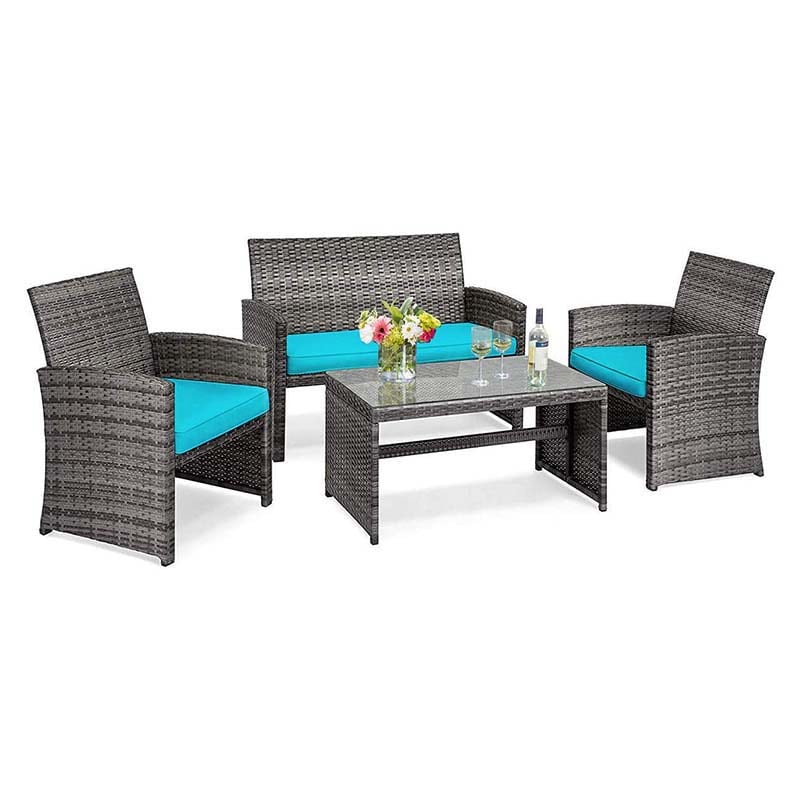 4 Pcs Rattan Wicker Patio Furniture Sets, Outdoor Conversation Sets with Loveseat, Table, Single Sofas