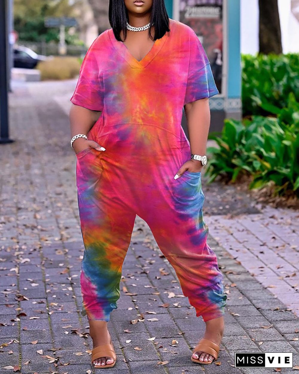 Tie Dye Print Pocket Design Short Sleeve Jumpsuit