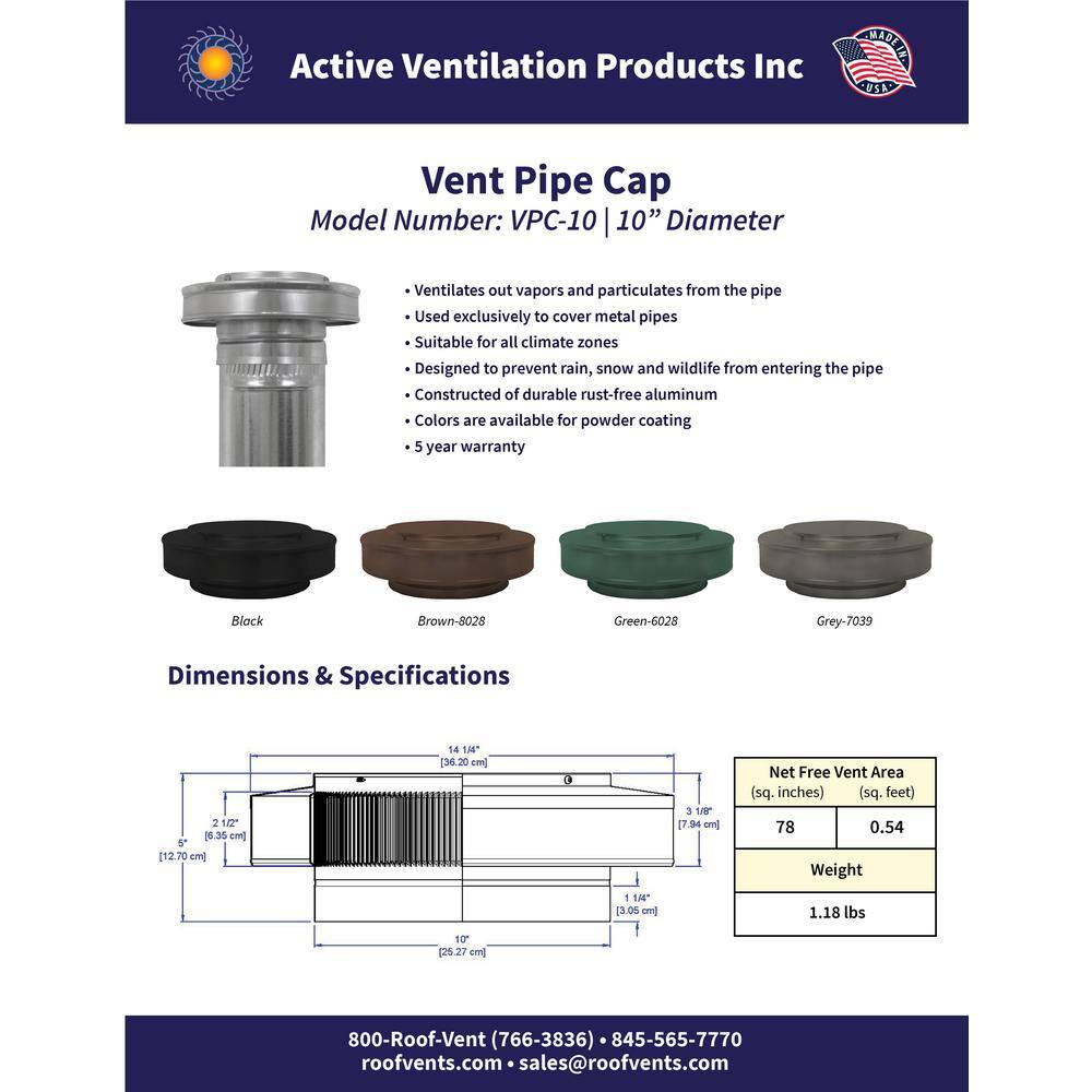 Active Ventilation 10 in. Dia. Aluminum Vent Pipe Cap in Mill Finish VPC-10