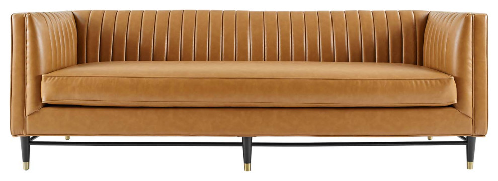 Devote Channel Tufted Vegan Leather Sofa  Tan   Midcentury   Sofas   by PARMA HOME  Houzz