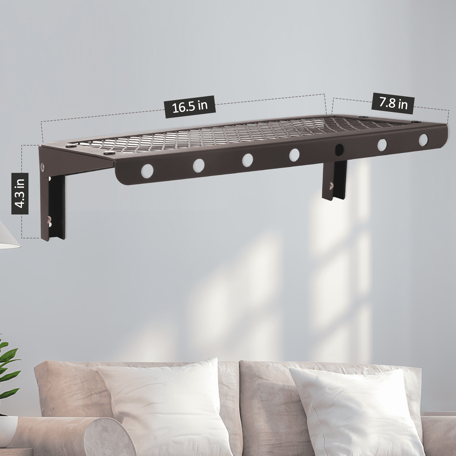 Floating Shelves Set of 2, Metal Shelves, Metal Panels, Folding, for Living Room, Kitchen, Garage, Brown with Hooks.