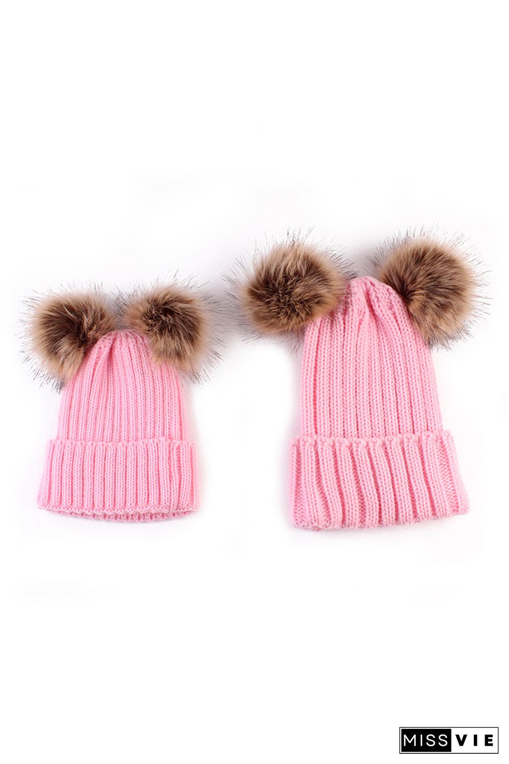 Parent-child Solid Double Wool Ball Knitted Hat 2pcs Set Wholesale MOQ3pcs