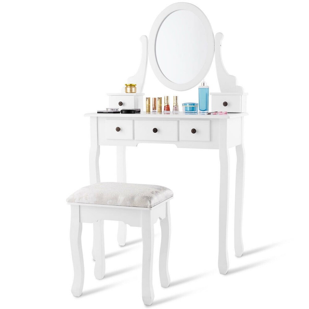 Costway Makeup Desk Vanity Dressing Table Oval Stool 5 Storage Drawers