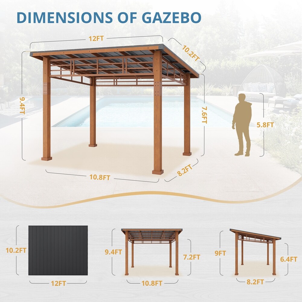 LUE BONA 10x12 Hardtop Gazebo Outdoor Pergola Metal Roof Gazebo with Wooden Frame Patio Gazebo Canopy with Curtain