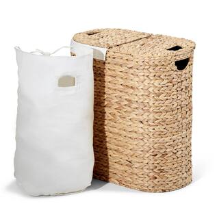 Seville Classics Hand Woven Natural Wicker Water-Hyacinth Lidded Oval Double Laundry Hamper with Bags WEB706