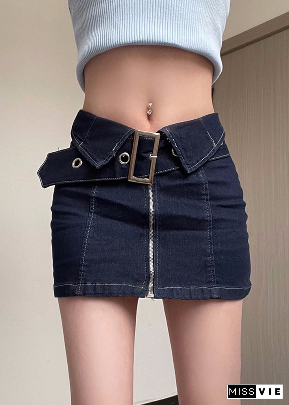 New Navy Zip Up Sashes Patchwork Denim Skirts Summer