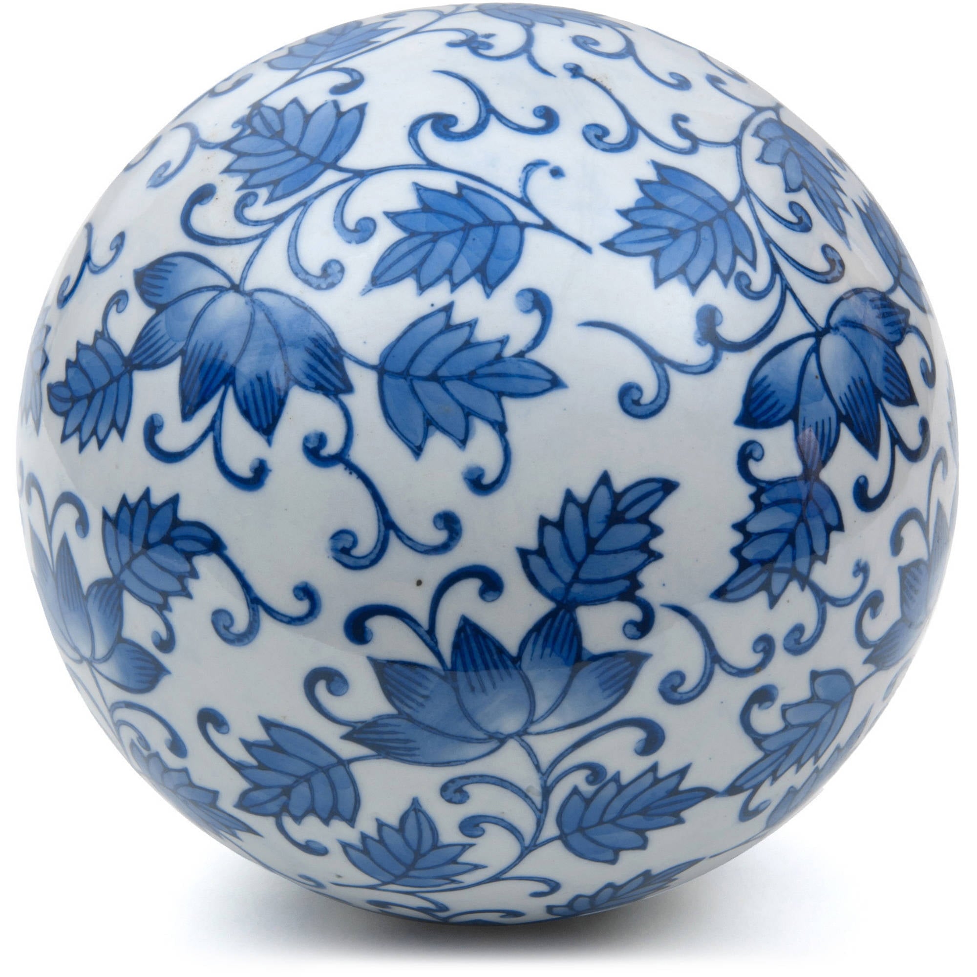 Oriental Furniture 6" Decorative Porcelain Ball, Blue Leaves, Decorative item, center piece