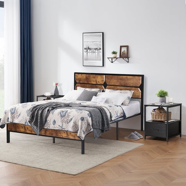 Taomika Industrial 3-pieces Bed with Wood Headboard and Square Nightstands Set - - 35162736