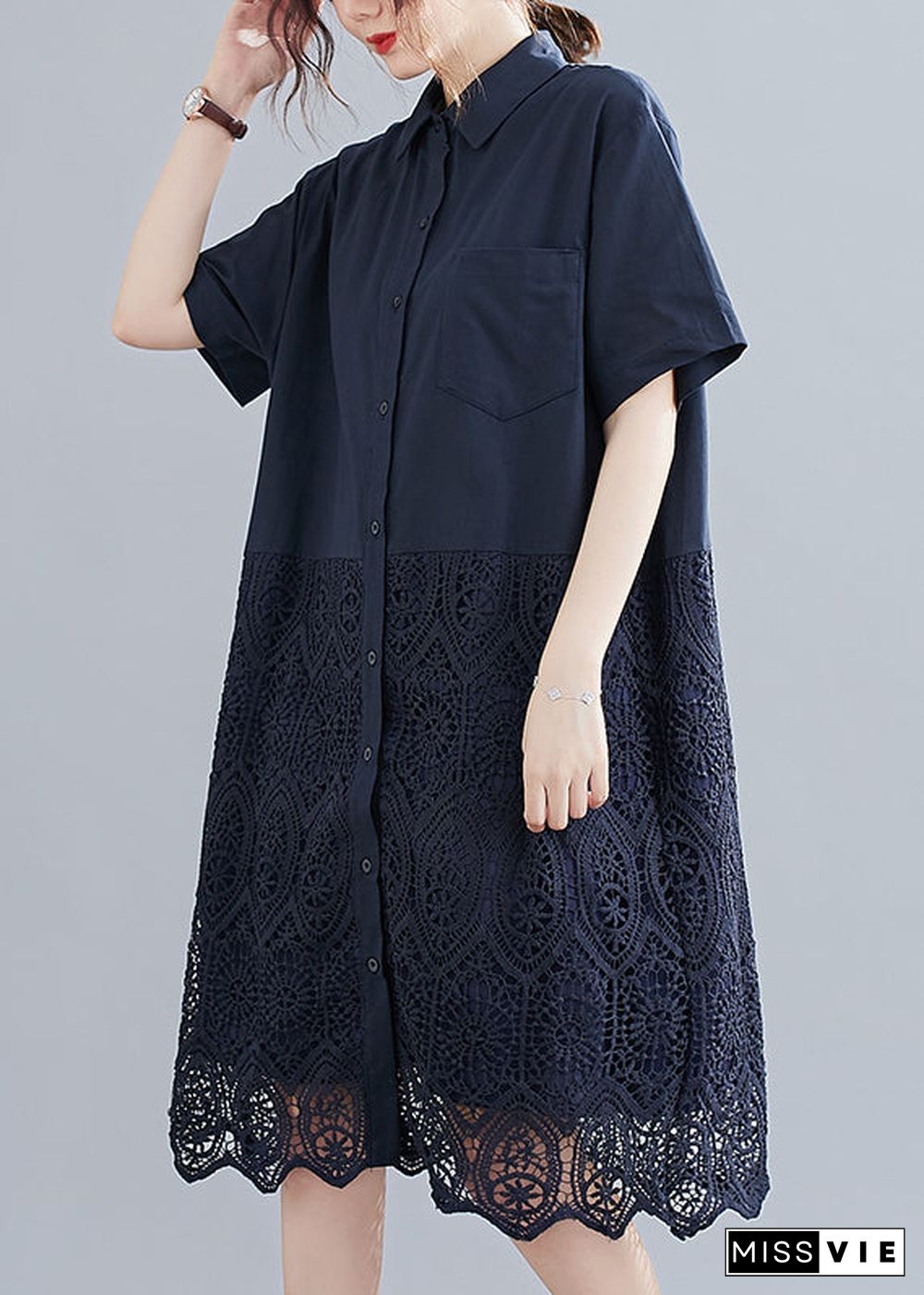 Fashion Navy Peter Pan Collar Button Lace Patchwork Hollow Out Shirt Dress Short Sleeve