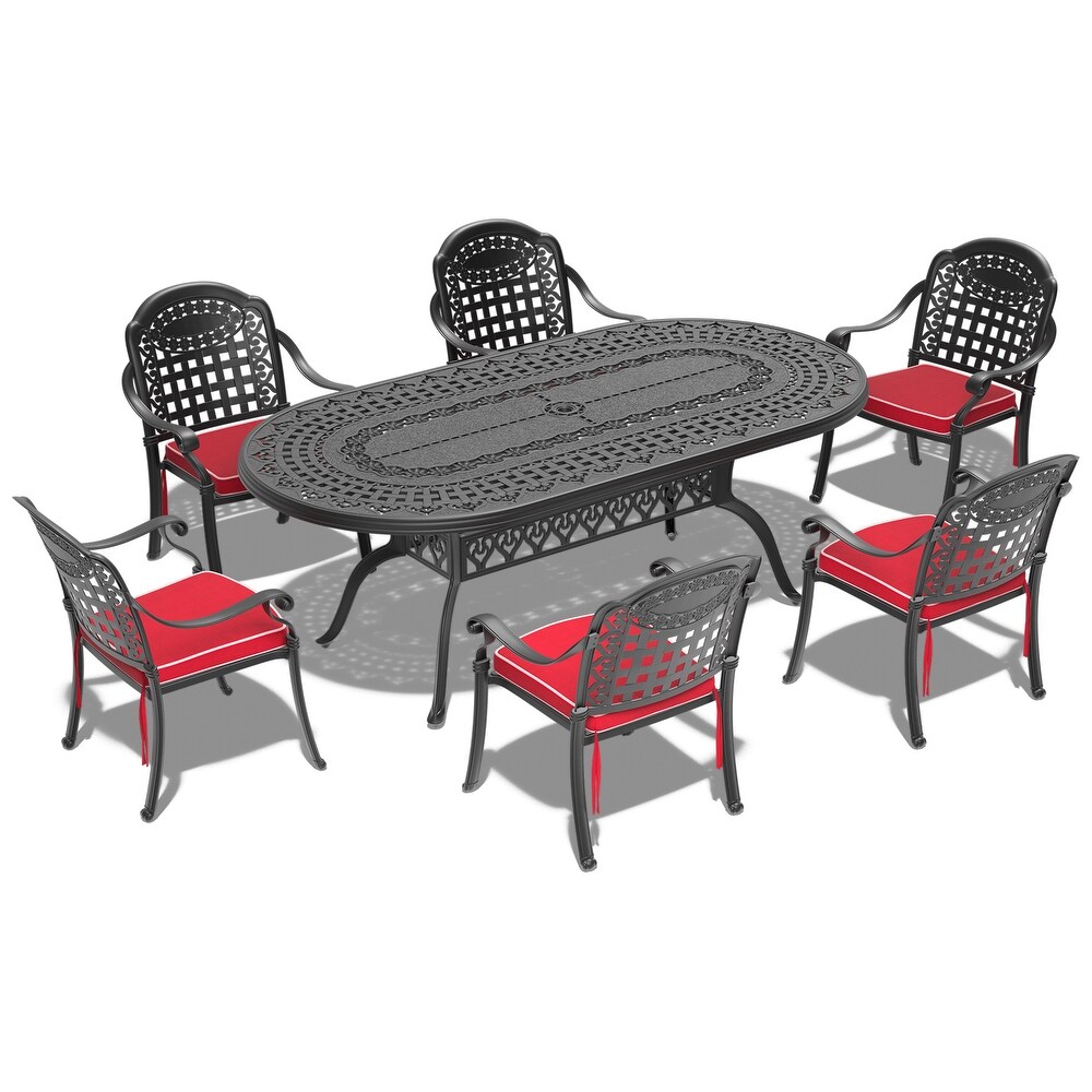 7/9 Piece Cast Aluminum Outdoor Dining Set with 82.87'' L X 42.13'' W Oval Table and Random Color Seat Cushions