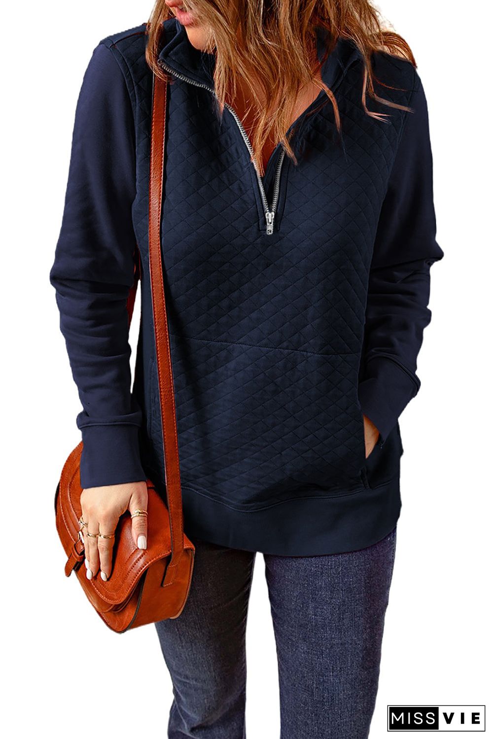 Navy Stand Neck Waffle Zip Up Sweatshirt