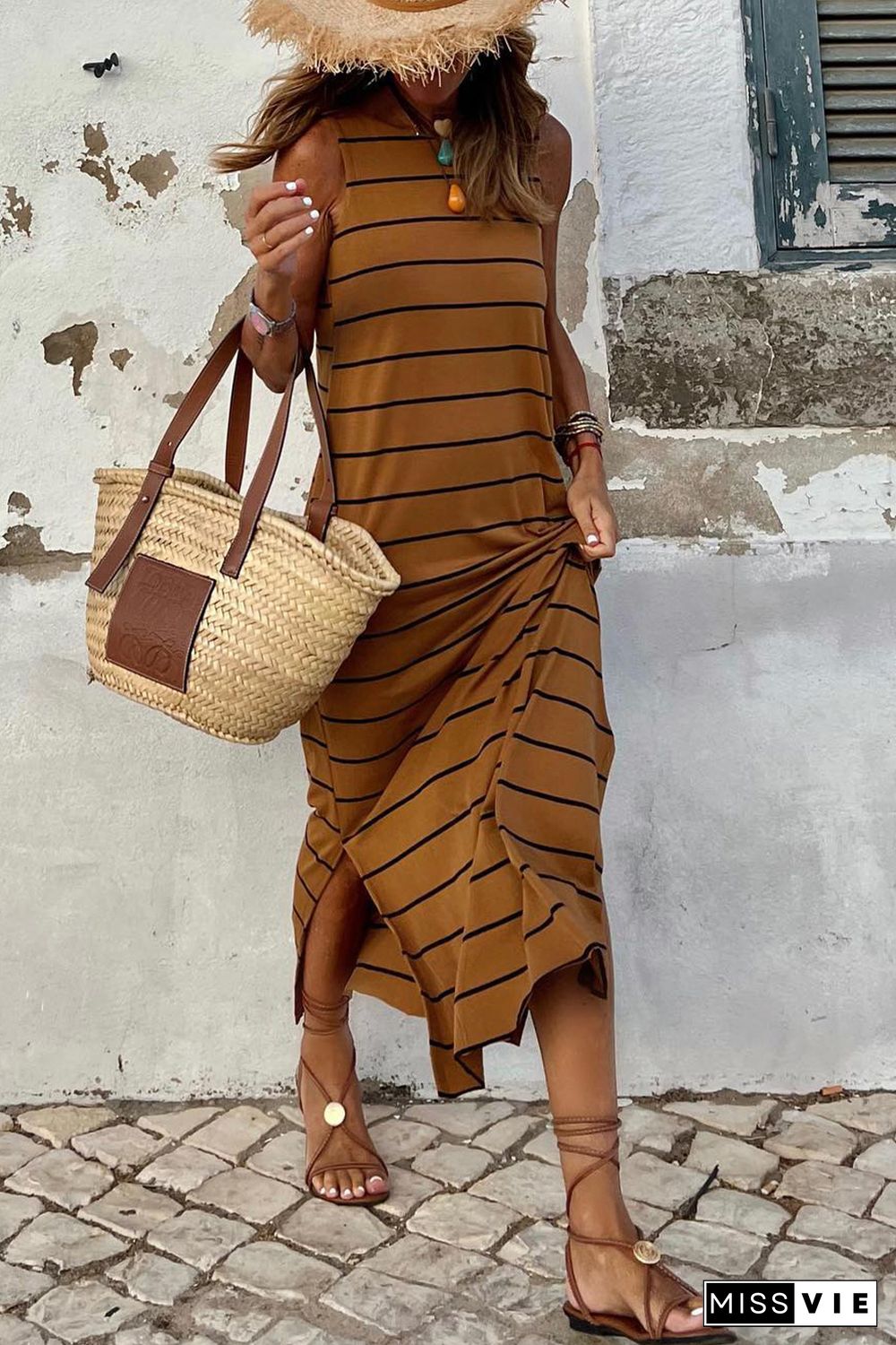 Brown Stripe Print Open Back Sleeveless Maxi Dress with Slits