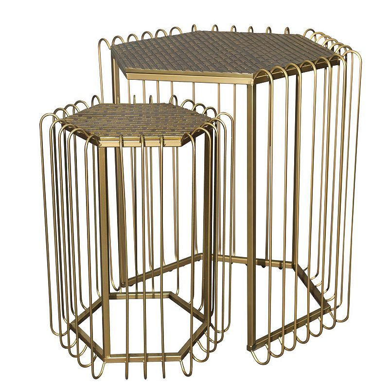 22， 19 Inch 2 Piece Nesting End Side Table Set， Hexagonal Top， Wire Frame， Metal， Antique Brass