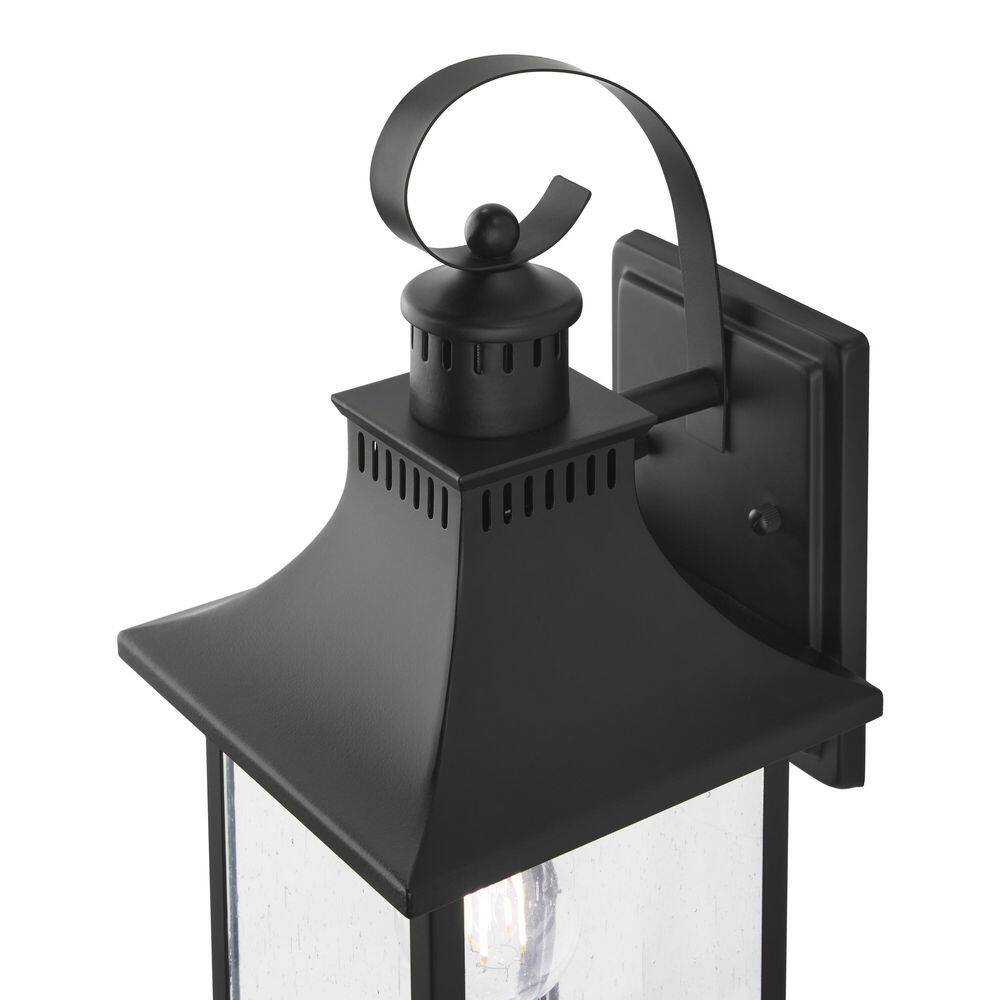 Hampton Bay Edgehill 1-Light Matte Black Hardwired Outdoor Wall Lantern Sconce with Clear Seeded Glass DSHD1604D