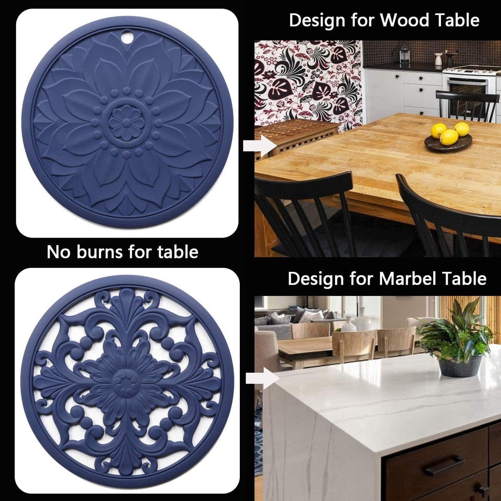 Baofu Silicone Trivet Mat Set with 3 Carved Patterns Hot Pot Holder Hot Pads for Kitchen