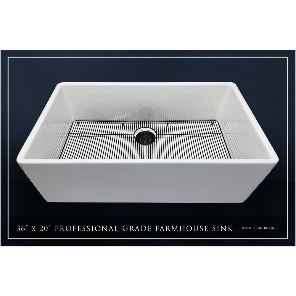 Fossil Blu Luxury White Solid Fireclay 36 in. Single Bowl Farmhouse Apron Kitchen Sink with Matte Black Accs and Flat Front WHS1008MB