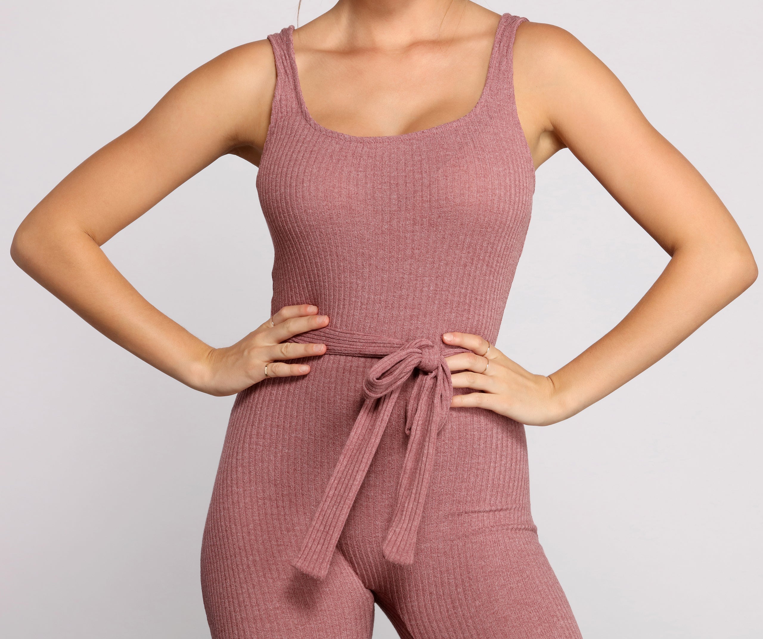 Ribbed Knit Tie Waist Catsuit