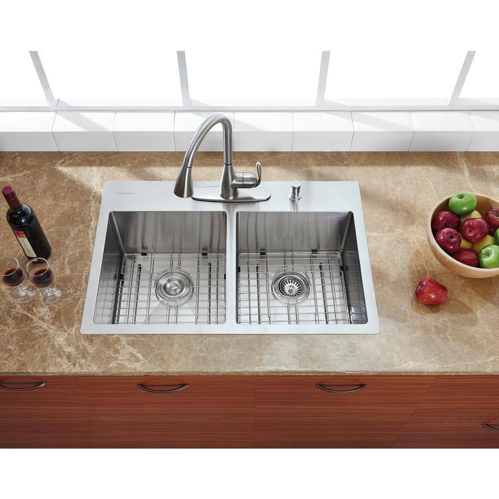 Glacier Bay Professional 33 in. Tight Radius 16 Gauge Drop-in 5050 Double Bowl Stainless Steel Kitchen Sink with Accessories 4167F