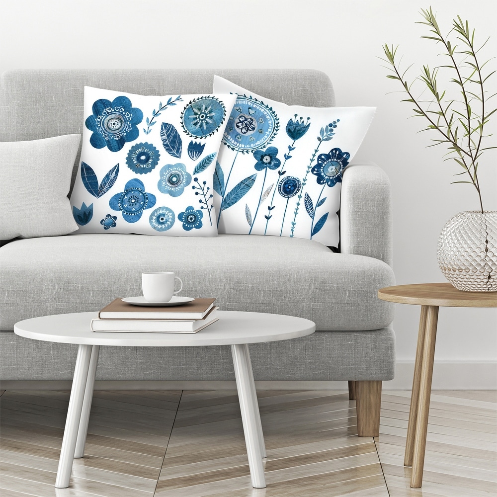 Blue Flowers With Stems and Blue Flowers   Leaves   Set of 2 Decorative Pillows