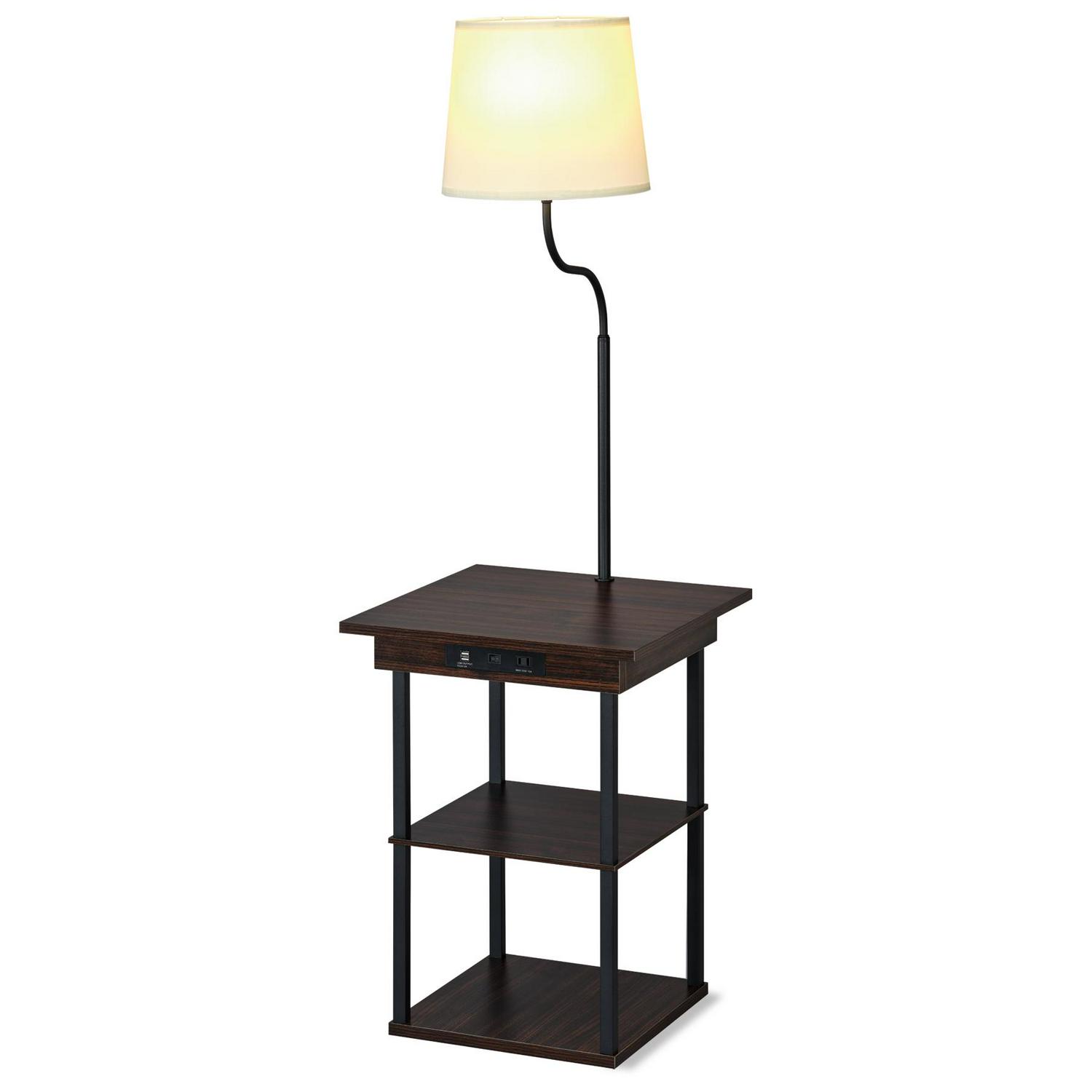 DPI DecorTech Square End Table with Lamp， AC Power and USB Charging Ports， Walnut