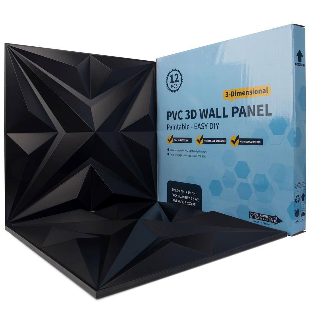 Art3dwallpanels 19.7 in. x 19.7 in. 32 sq. ft. Black PVC 3D Wall Panel Star Textured for Interior Wall Decor (Pack of 12-Tiles) A10hd050BKP12