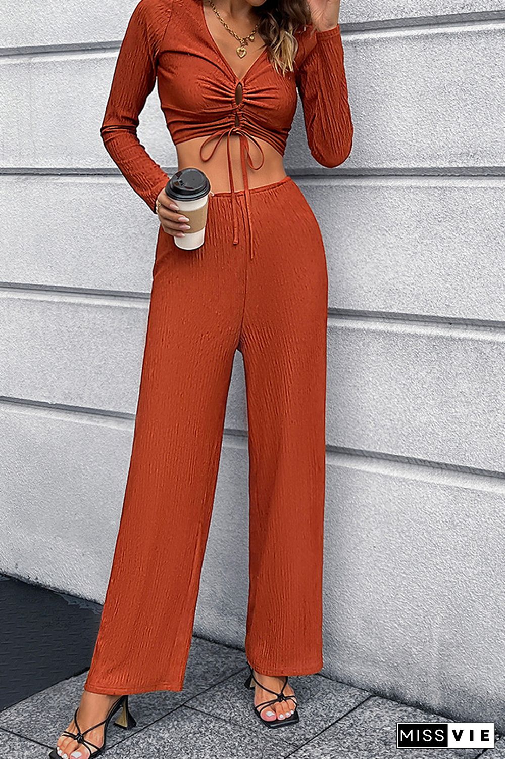 V Neck Ruched Top with Wide Pants 2pcs Pant Set